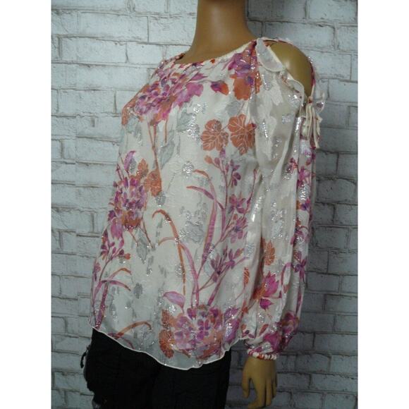 Hale Bob Pink Cream Floral Lurex Cold Shoulder Ruffle Blouse Small NEW - Picture 4 of 8